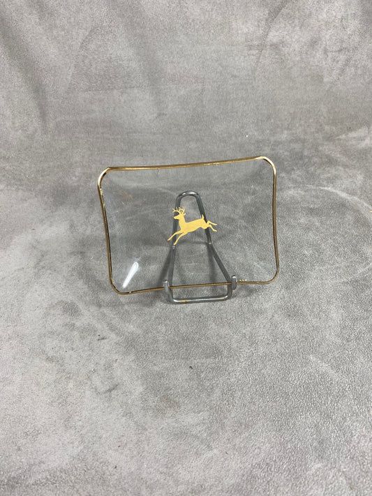 Glass Ashtray, Gold Deer Motif, Made in France, Vintage 1970