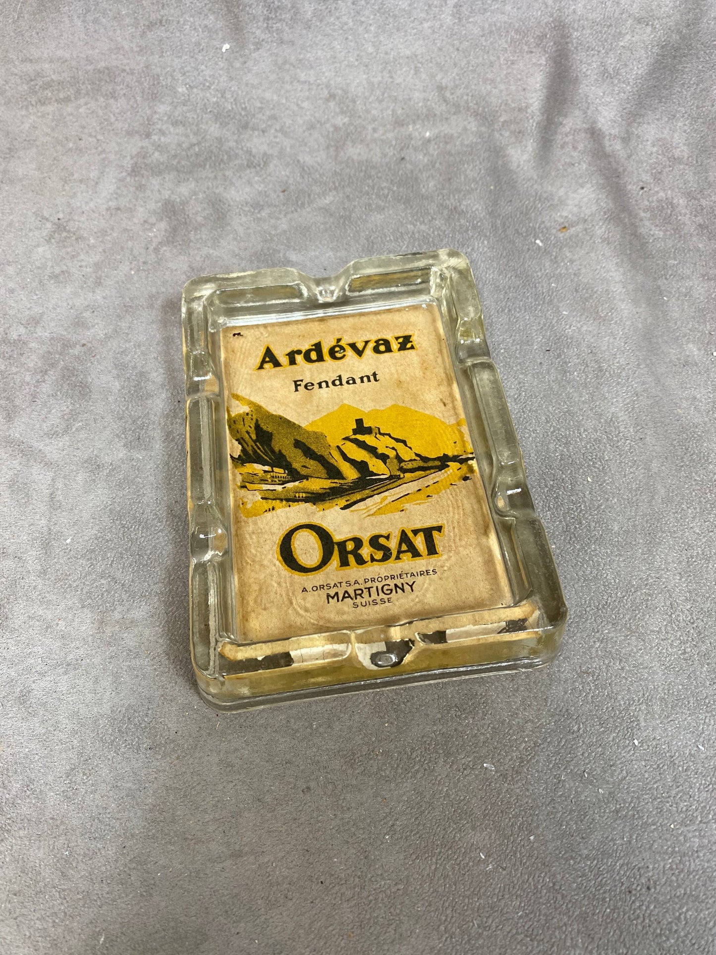 Glass Advertising Ashtray, Ardévaz Fendant Orsat Martigny Switzerland, Vintage 1970