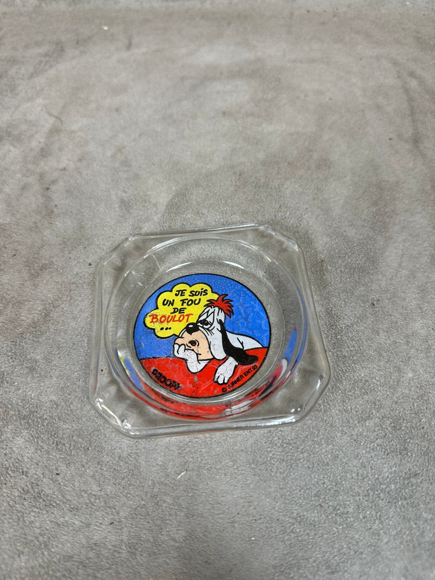 Cendrier Humoristique en Verre, Droopy, Je suis un fou de boulot, Made in France, Vintage 1990