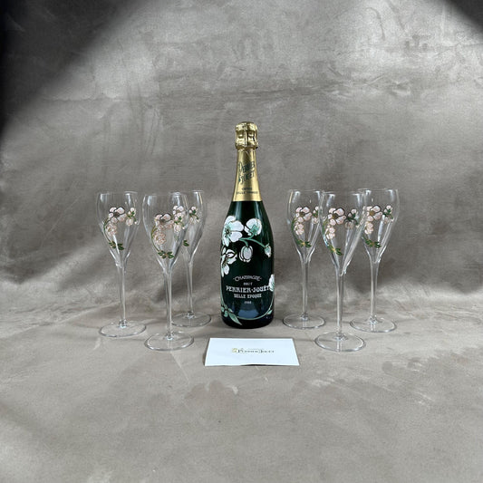 RARE Lot de 6 flutes Perrier-Jouet en verre Belle Epoque peintes à la main au décor d'anémone par Emile Gallé Perrier-Jouët Années 1970