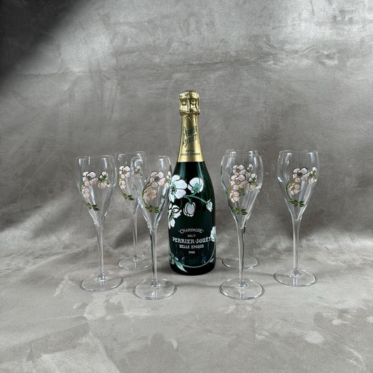 RARE Lot of 6 Perrier-Jouet Belle Epoque glass flutes hand painted with anemone decoration by Emile Gallé Perrier-Jouët 1970s