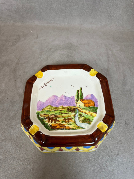 Hand Decorated Earthenware Ashtray, Le Lecques Landscape, By Alamar Marseille, Made in France, Vintage 1970