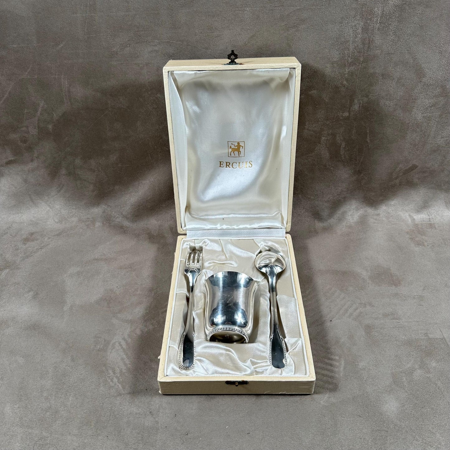 RARE Baptism set in case with Ercuis cup and christening cutlery in silver plated metal Made in France 1970's