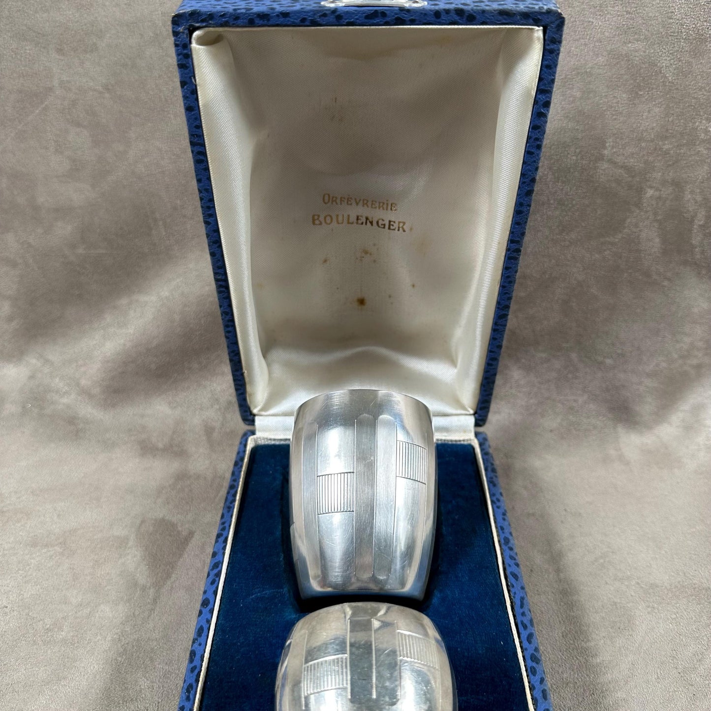 Baptism set in case with cup and napkin ring by Boulenger goldsmith in silver metal Made in France 1950's