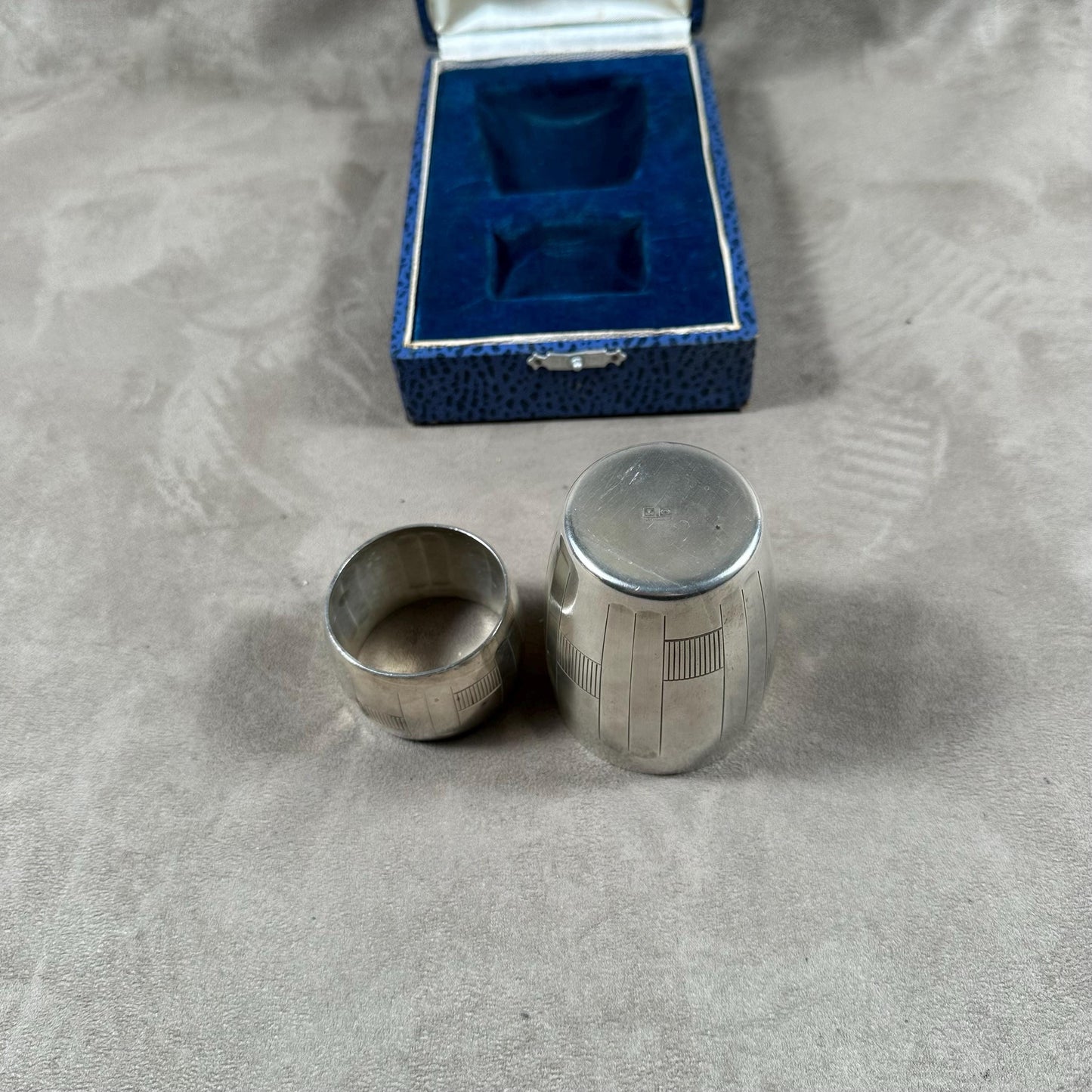 Baptism set in case with cup and napkin ring by Boulenger goldsmith in silver metal Made in France 1950's