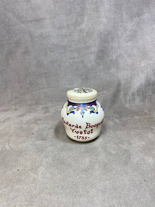 Glass mustard pot, Bocquet Yvetot 1735 mustard, Made in France, Vintage 1970
