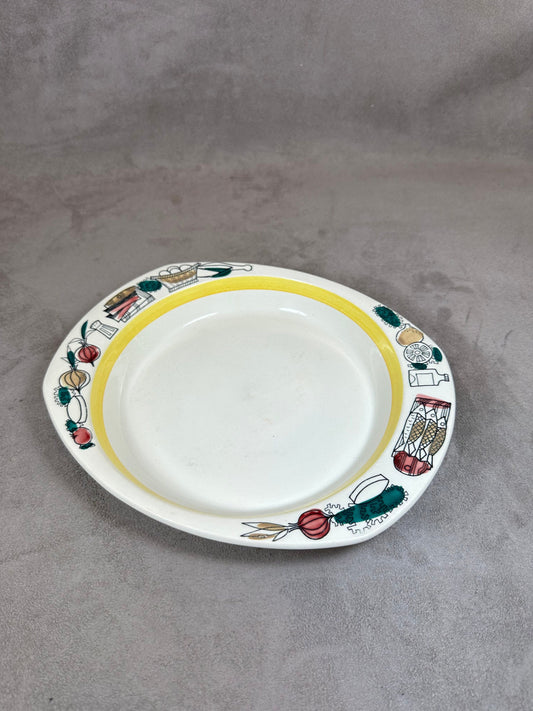 Assiette Creuse en Faïence par Stavangerflint "Croketski", Décor Fruit Légumes Poissons, Made in Norvège, Vintage 1970
