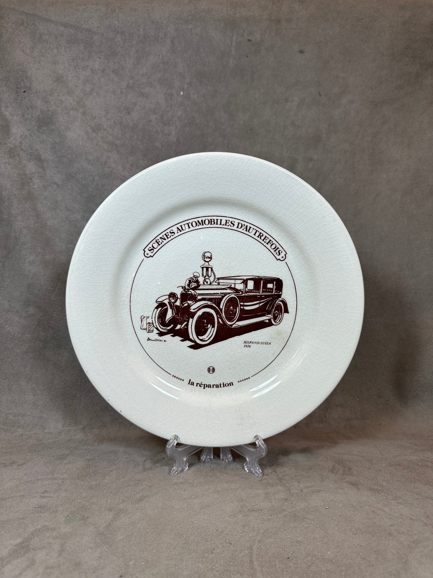 Gien Earthenware Plate, Old-Time Automobile Scenes, Repair, Made in France, Vintage 1980
