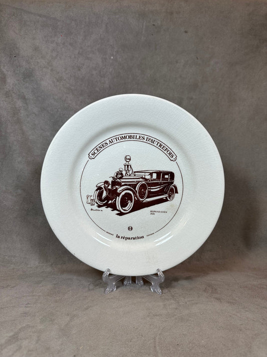 Gien Earthenware Plate, Old-Time Automobile Scenes, Repair, Made in France, Vintage 1980