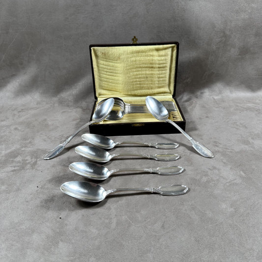 RARE Set of 12 magnificent Ravinet et Compagnie soup spoons in silver plated metal in box Made in France 1912