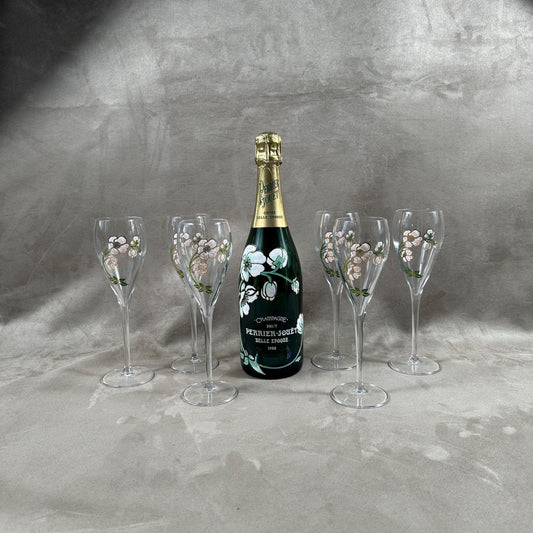 RARE Lot de 6 flutes Perrier-Jouet en verre Belle Epoque peintes à la main au décor d'anémone par Emile Gallé Perrier-Jouët Années 1970