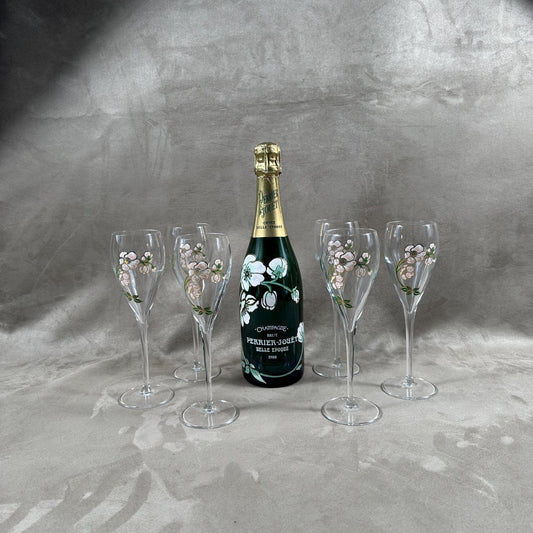 RARE Lot de 6 flutes Perrier-Jouet en verre Belle Epoque peintes à la main au décor d'anémone par Emile Gallé Perrier-Jouët Années 1970