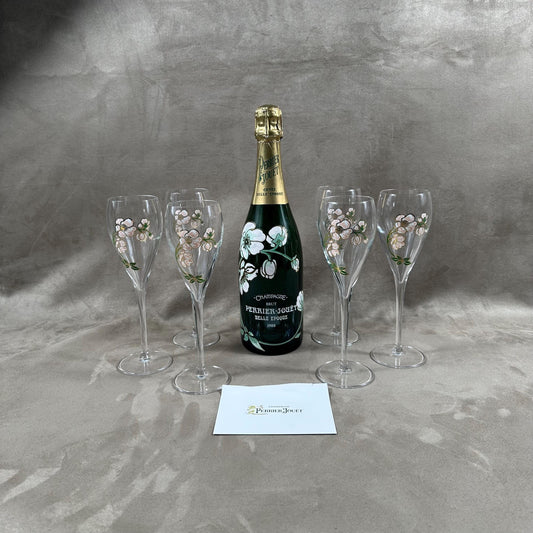 RARE Lot de 6 flutes Perrier-Jouet en verre Belle Epoque peintes à la main au décor d'anémone par Emile Gallé Perrier-Jouët Années 1970