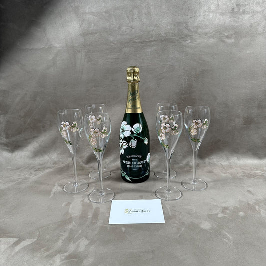 RARE Lot de 6 flutes Perrier-Jouet en verre Belle Epoque peintes à la main au décor d'anémone par Emile Gallé Perrier-Jouët Années 1970