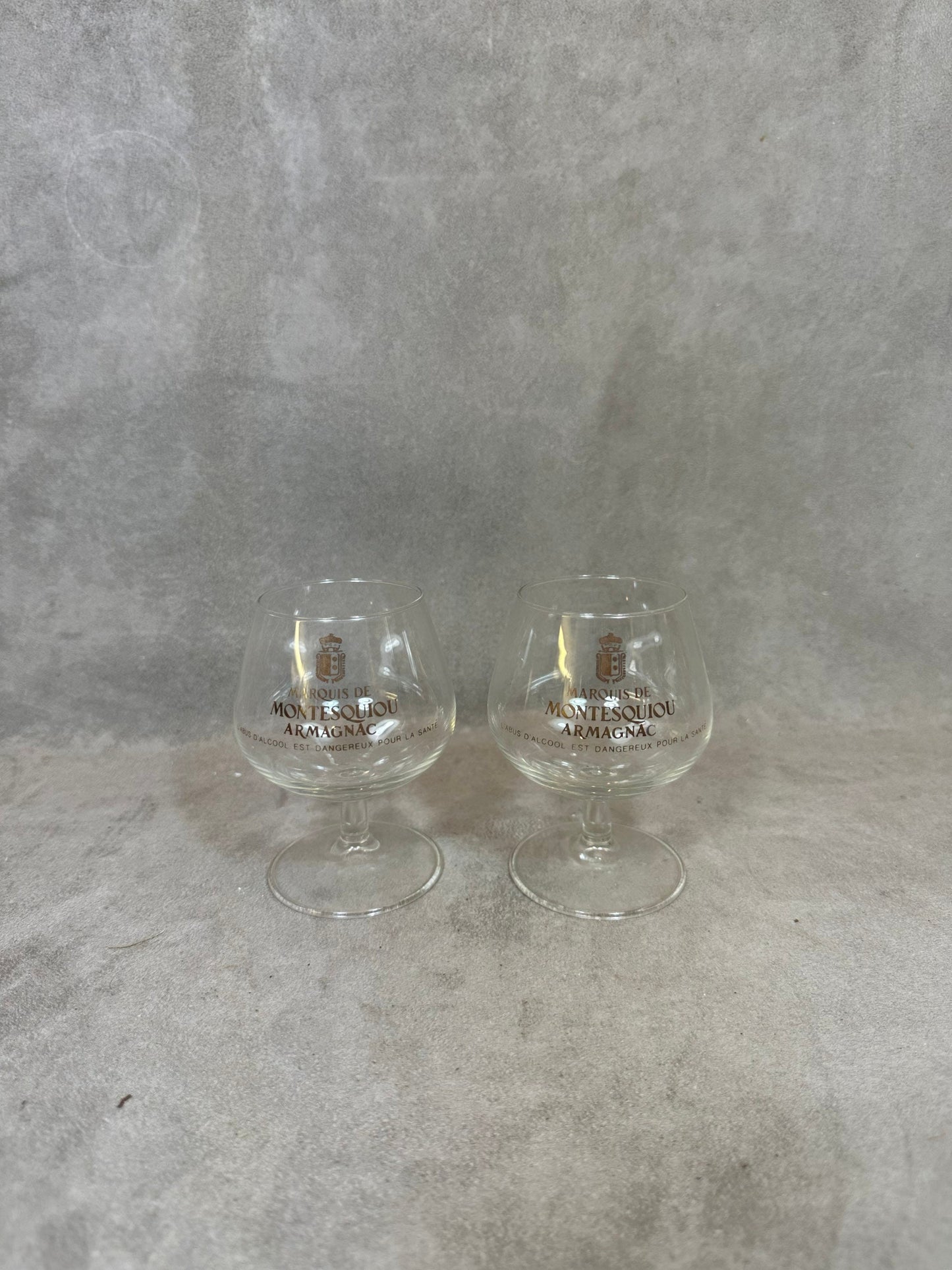 Set of 2 Cognac Glasses, Marquis de Montesquiou Armagnac, Made in France, Vintage 1980