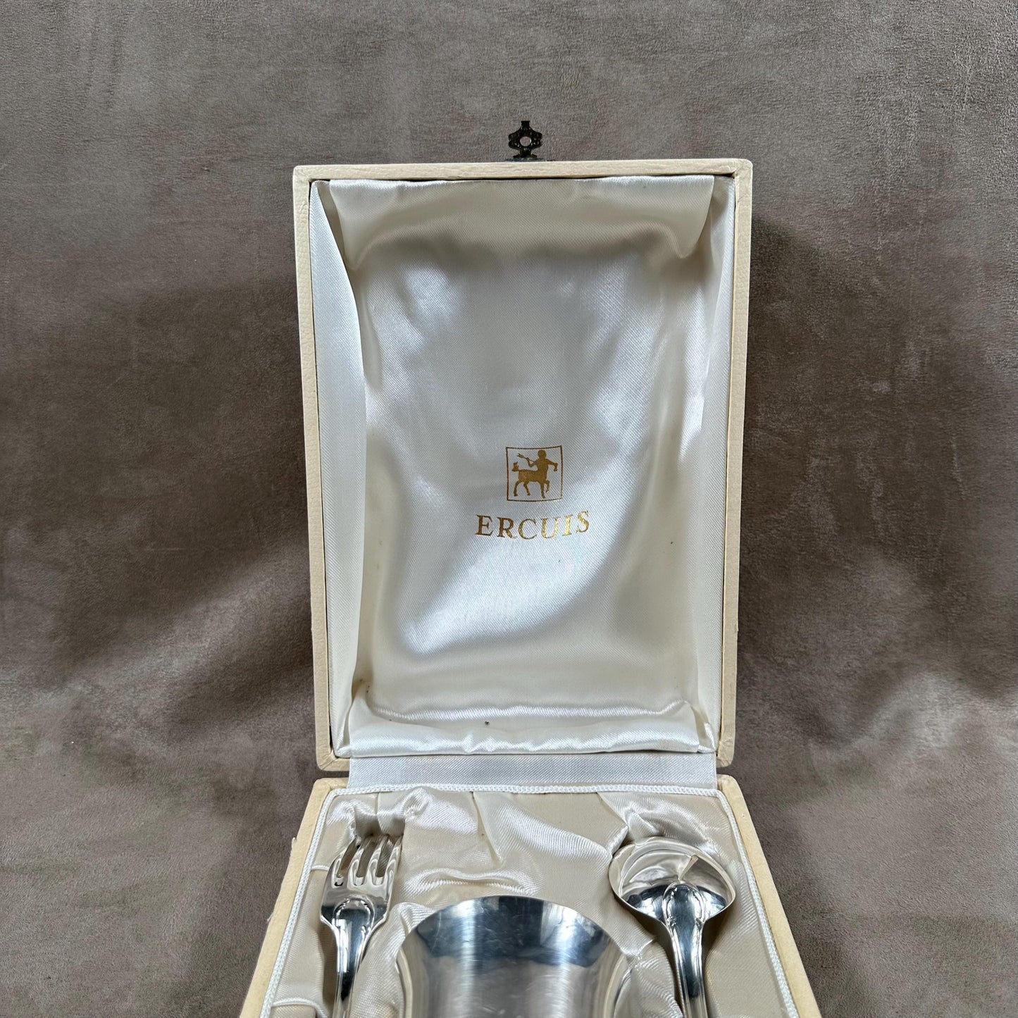 RARE Baptism set in case with Ercuis cup and christening cutlery in silver plated metal Made in France 1970's