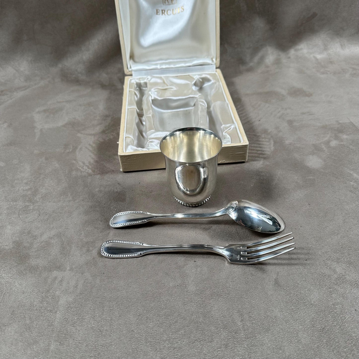 RARE Baptism set in case with Ercuis cup and christening cutlery in silver plated metal Made in France 1970's