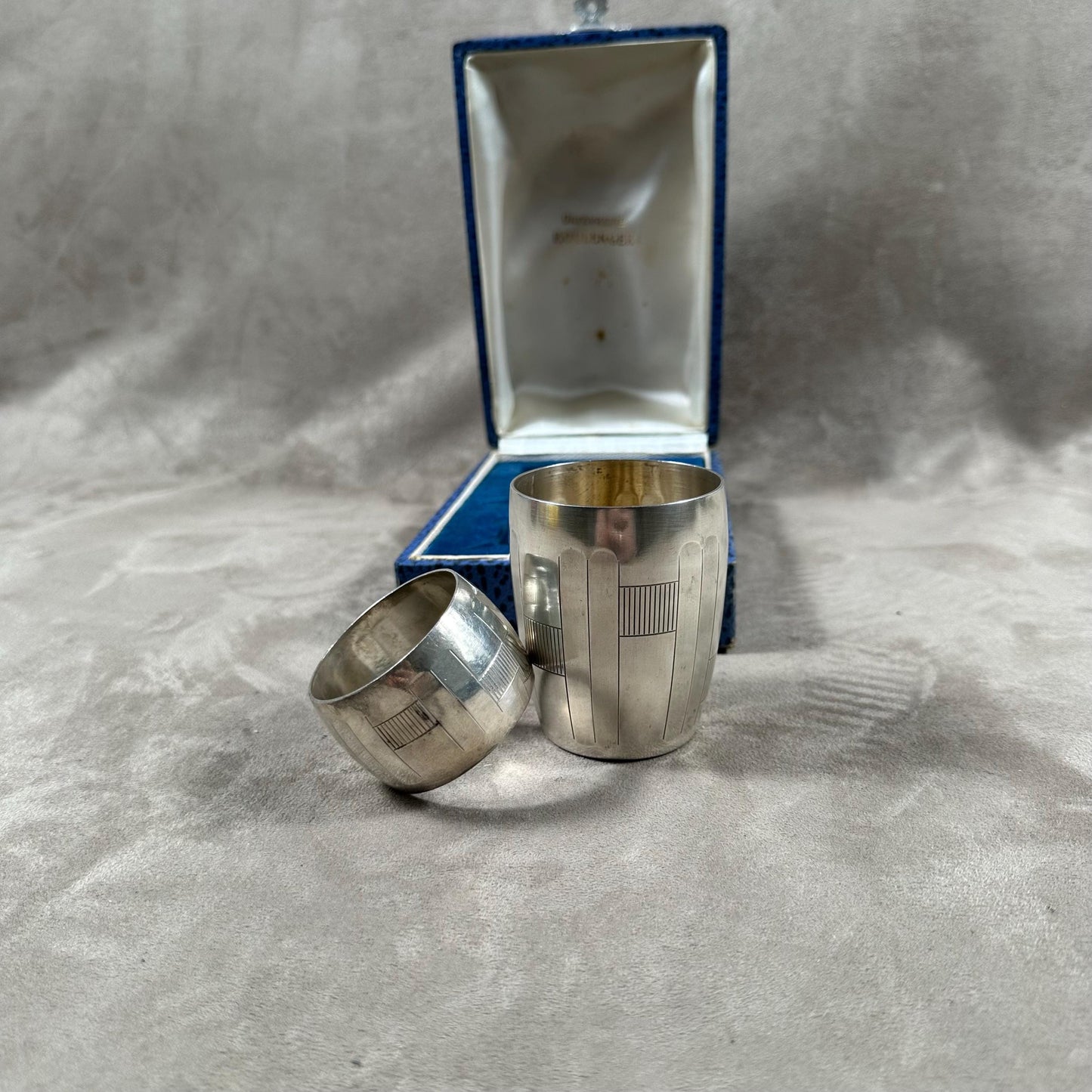 Baptism set in case with cup and napkin ring by Boulenger goldsmith in silver metal Made in France 1950's