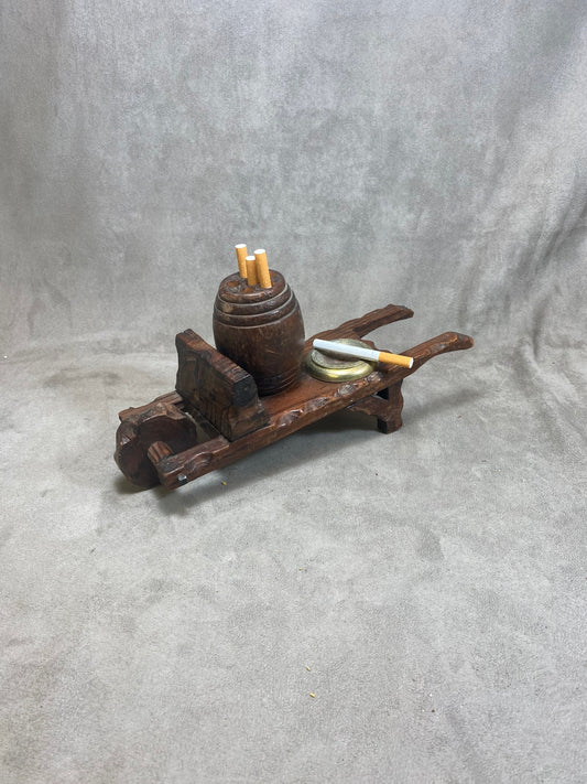 Wooden Cigarette Dispenser Display Stand with Ashtray, Wheelbarrow with Barrel, Made in France, Vintage 1960