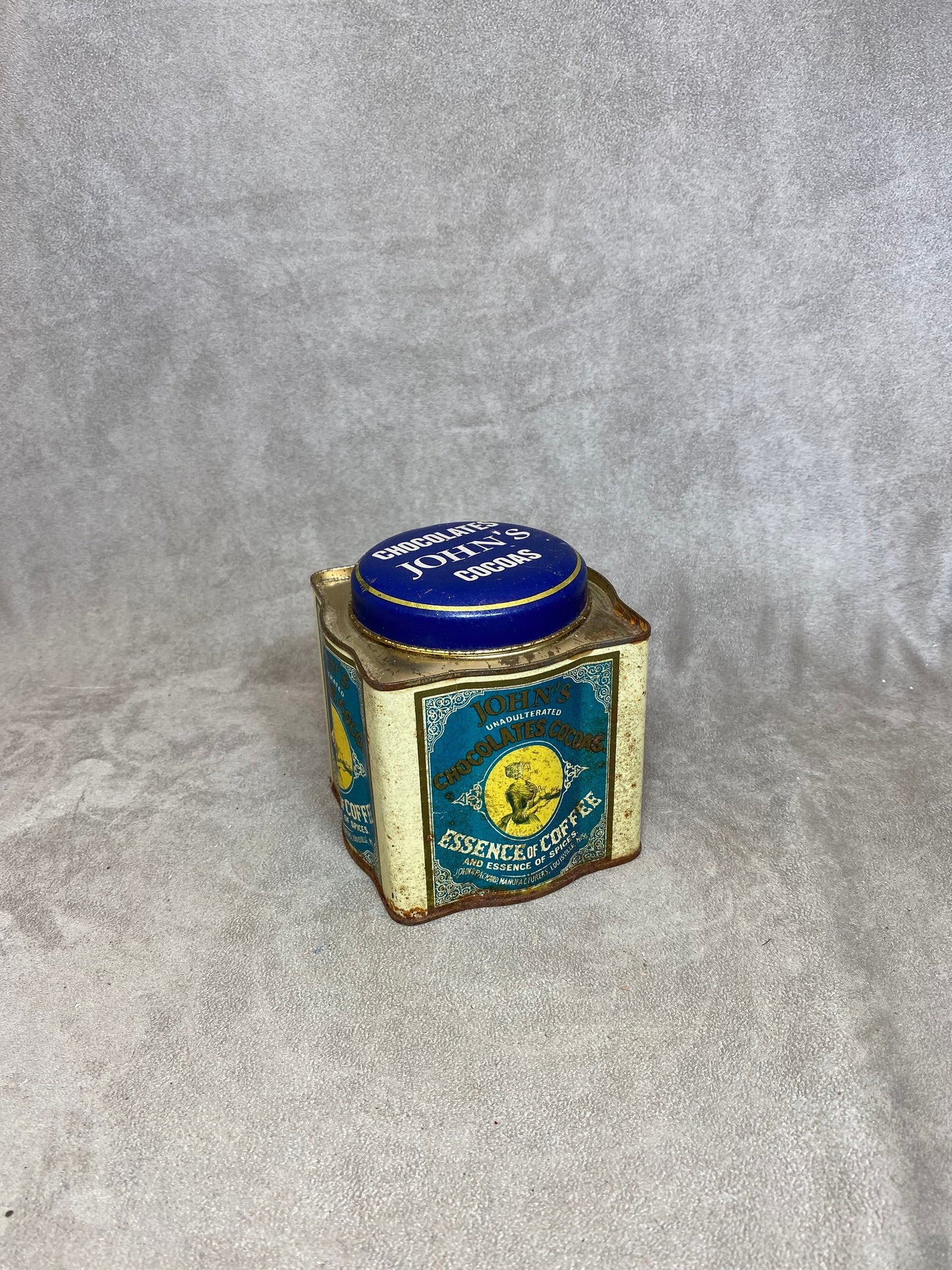 Metal Tin, John's Chocolates Cocoas Essence of Coffee and Spices, Vintage 1960