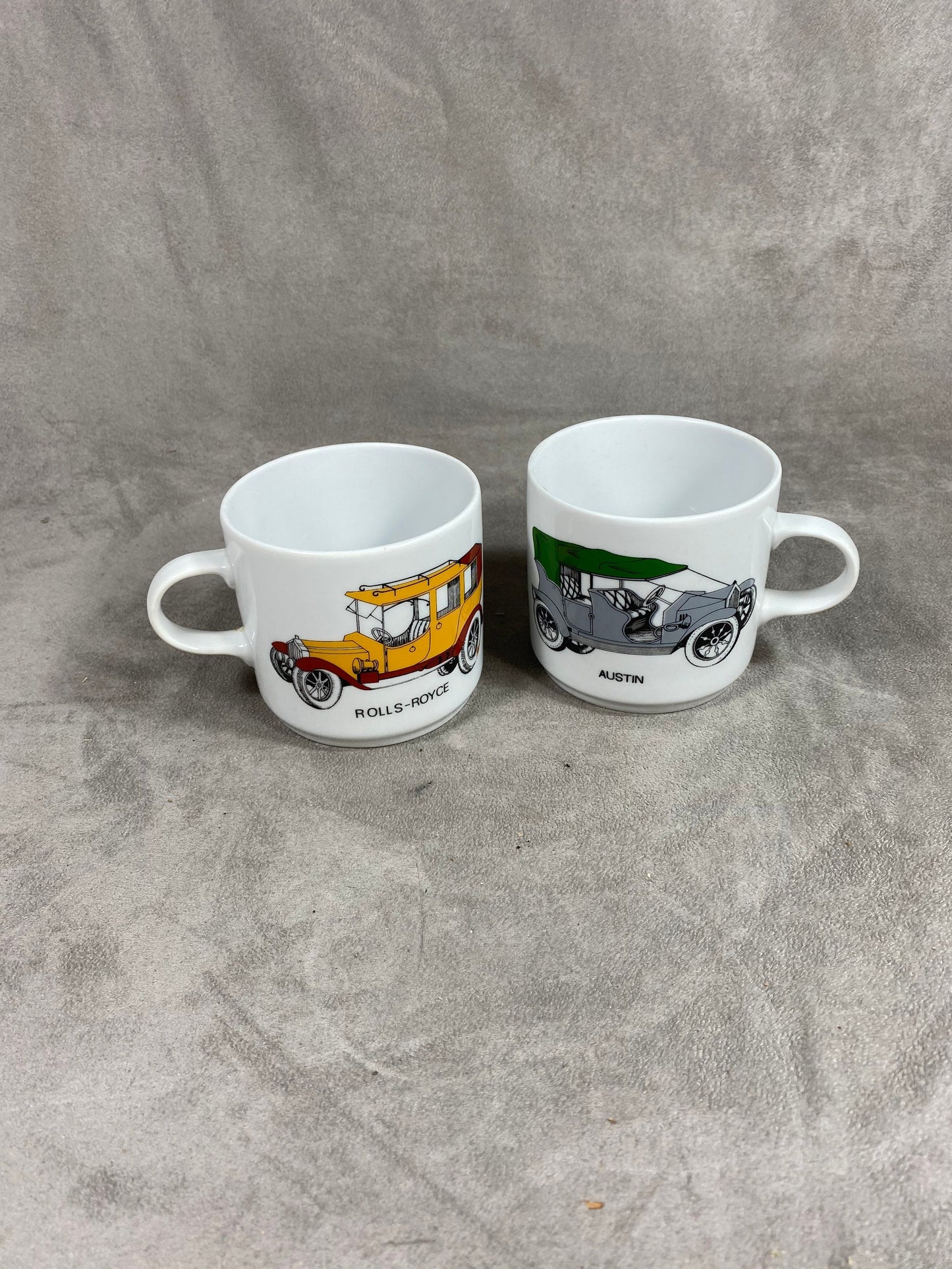 Porcelain Mug Set by Alfoldi, Rolls-Royce Car, Austin, Made in Hungary, Vintage 1980