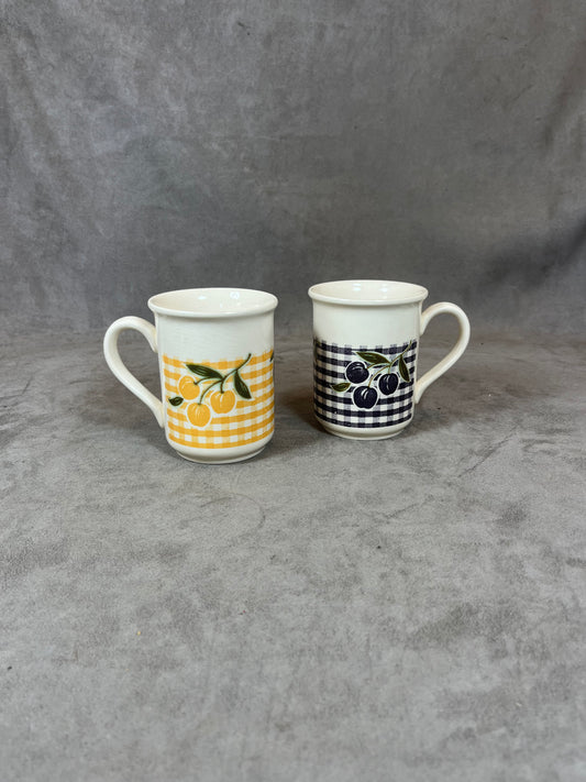 Set of 2 Earthenware Mugs, Fruit Decor, Made in England, Vintage 1980