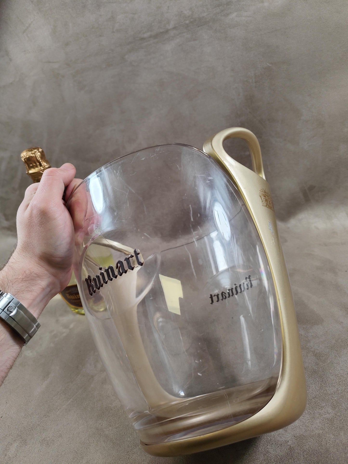 Ruinart seau à champagne en plastique transparent et doré pour bouteille de champagne , Made in France, Vintage 1990