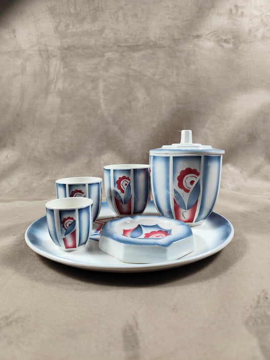 VERY RARE Nécessaire du fumeur Set de 6 pièces en Faience Art Deco par Digoin Sarreguemines Made in France Vintage 1930