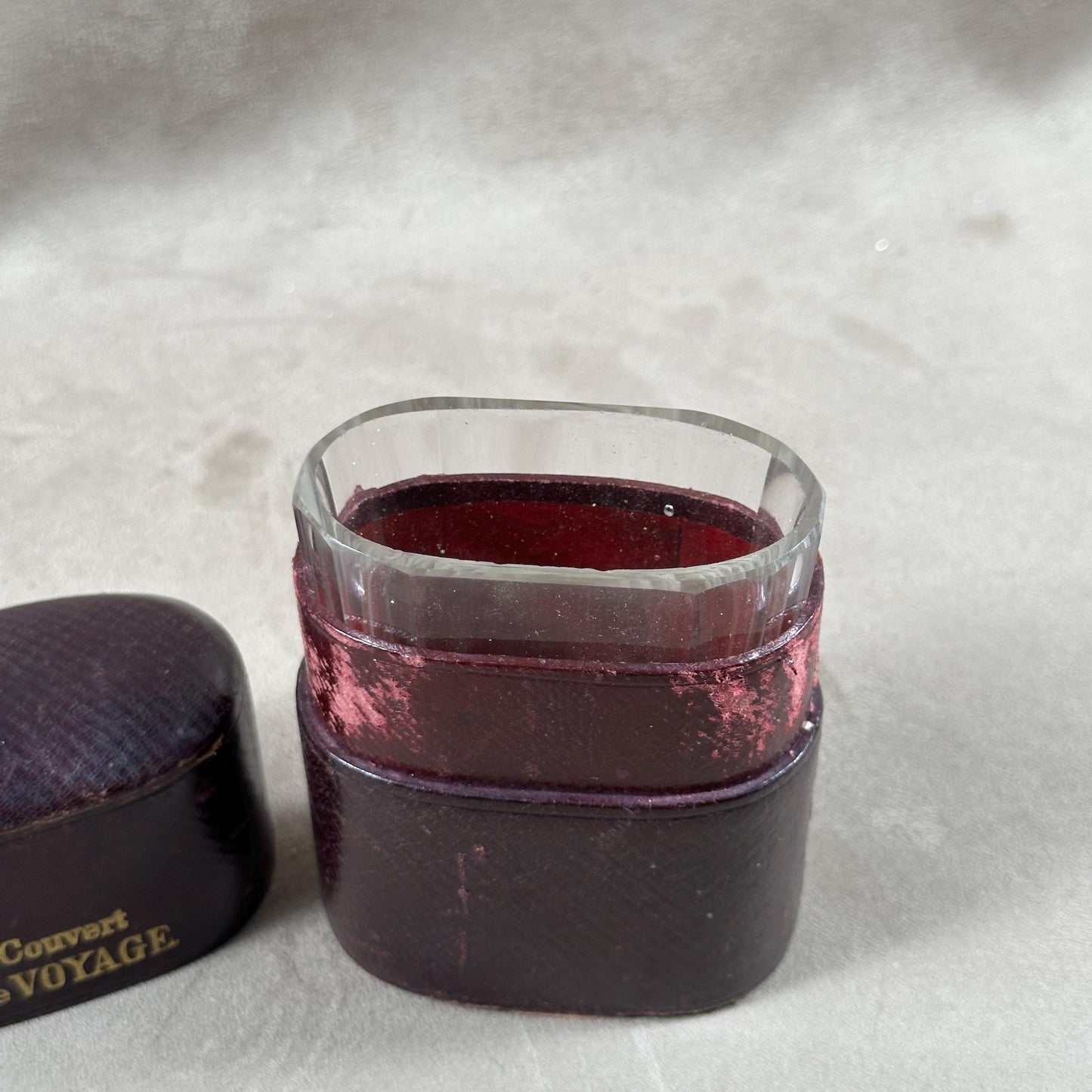 RARE Set de couvert de voyage en cuir bordeaux ancien XIXé siècle Made in France
