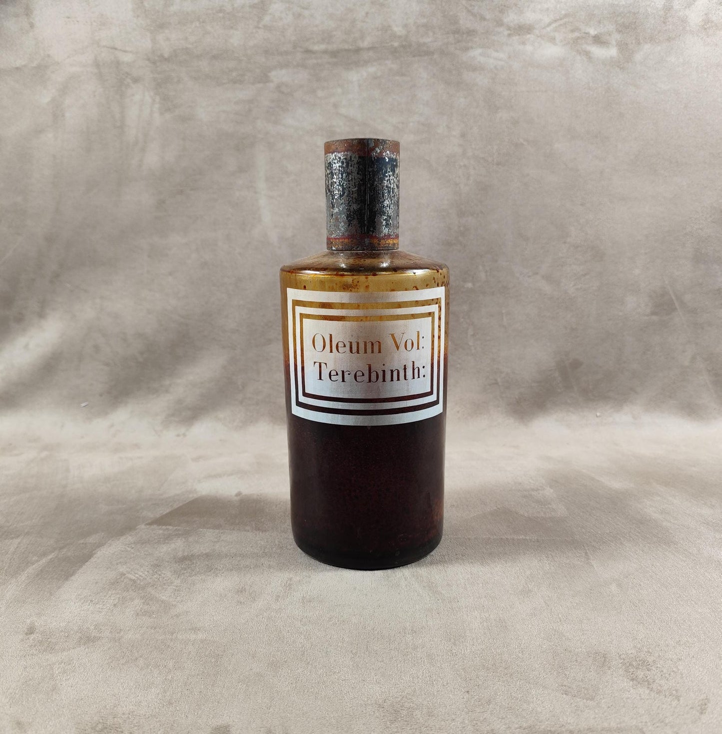 RARE Pot à pharmacie ancien en verre " Oleum Vol: Terebinth " vintage Made in France 1900