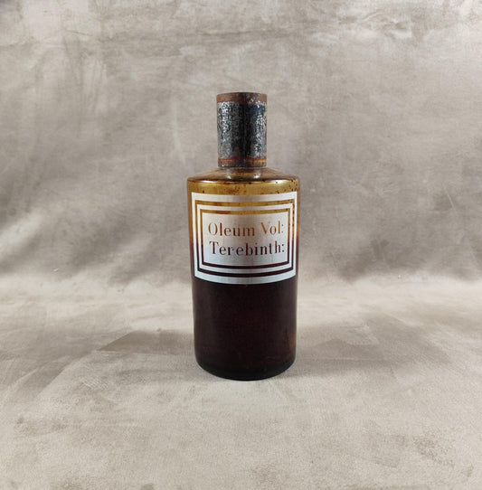 RARE Pot à pharmacie ancien en verre " Oleum Vol: Terebinth " vintage Made in France 1900