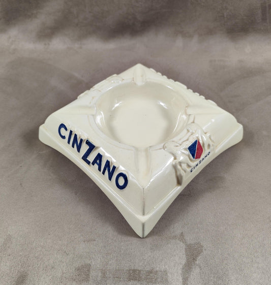 RARE Magnifique Cendrier Cinzano publicitaire vintage en faience blanche Made in France Années 1950