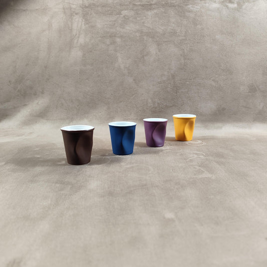 Lot de 4 gobelet Froissé REVOL en céramique, Marron, Bleu, Violet, Jaune, Made in France, Vintage 2000
