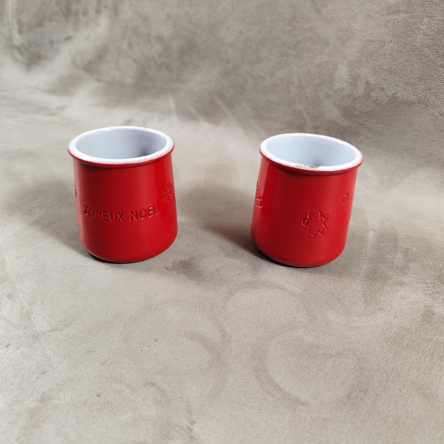 2 pot de yaourt La fermière "Joyeux Noel" en terre cuite émaillée rouge made in France vintage 1990