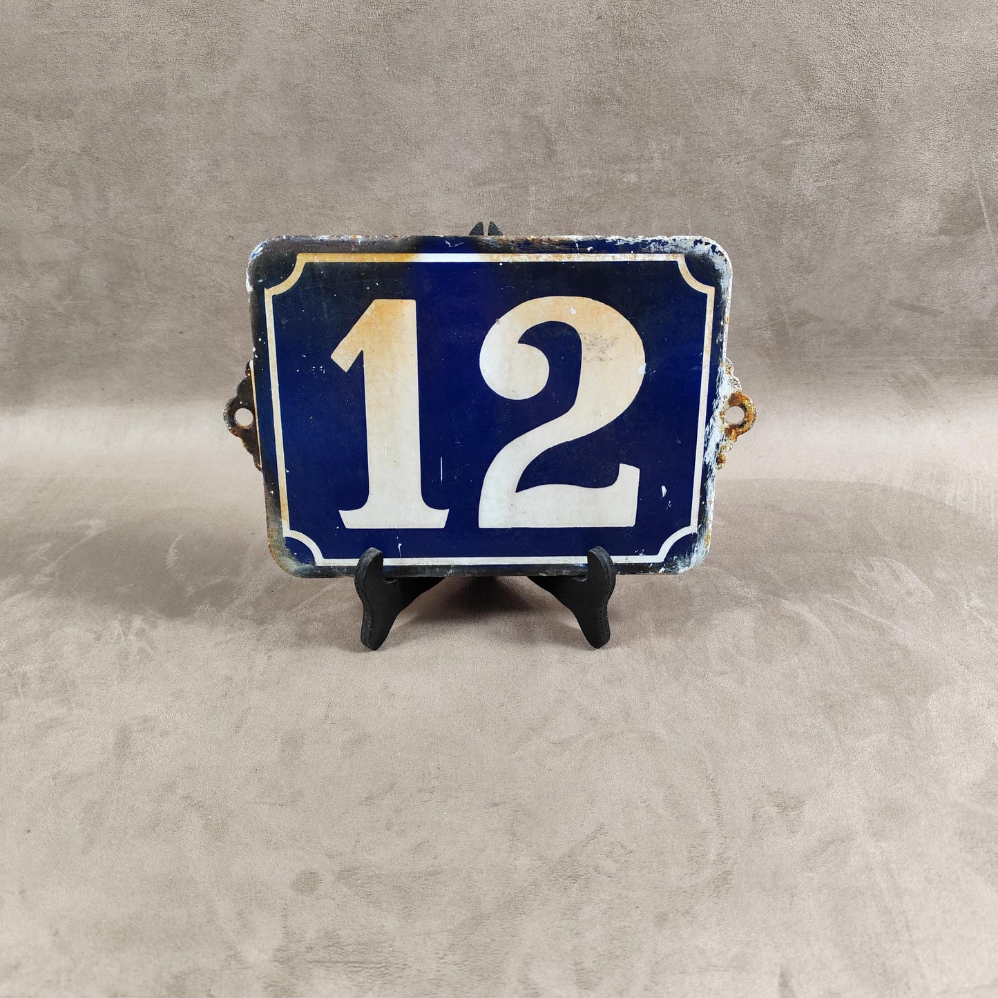 RARE Plaque de rue de ville Française Numéro 12 en tôle émaillée bleue, Made in France, Vintage 1900