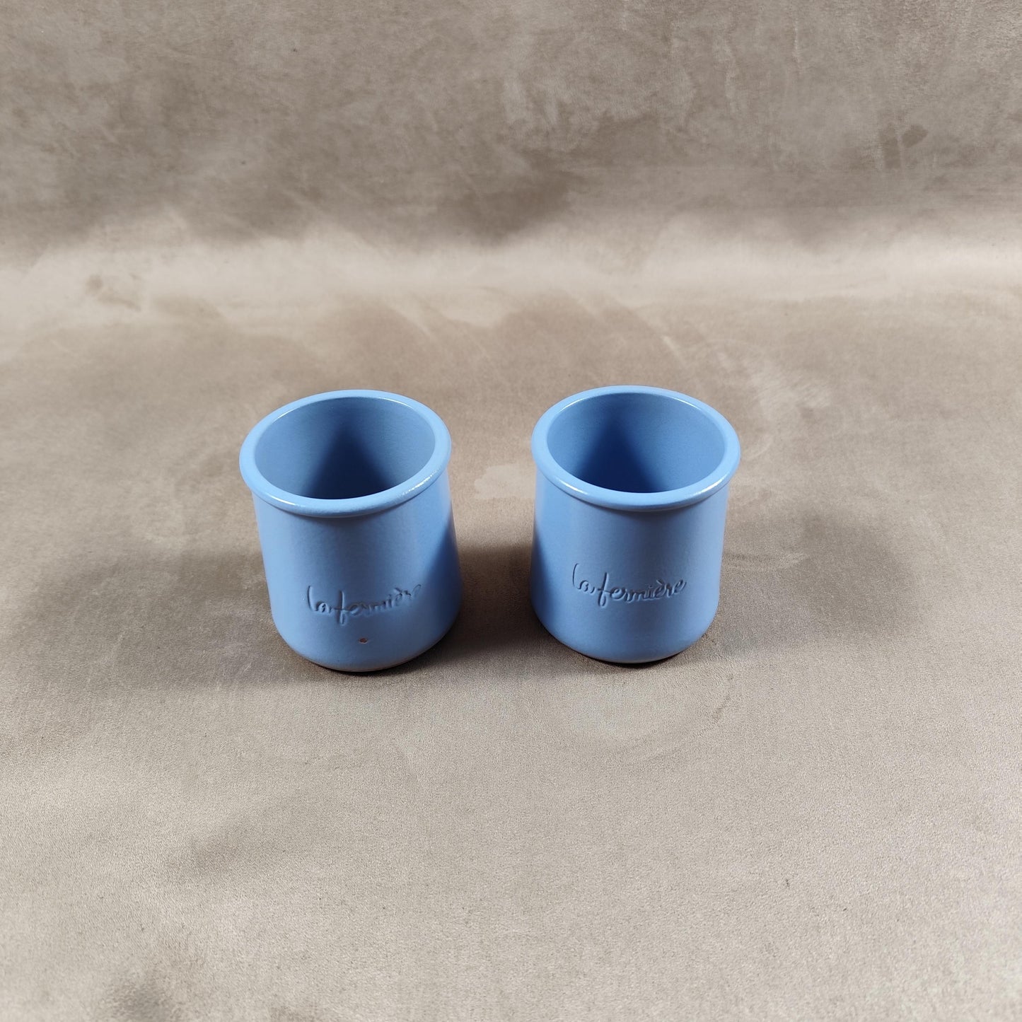 2 pot de yaourt La fermière en terre cuite émaillée bleue made in France vintage 1990