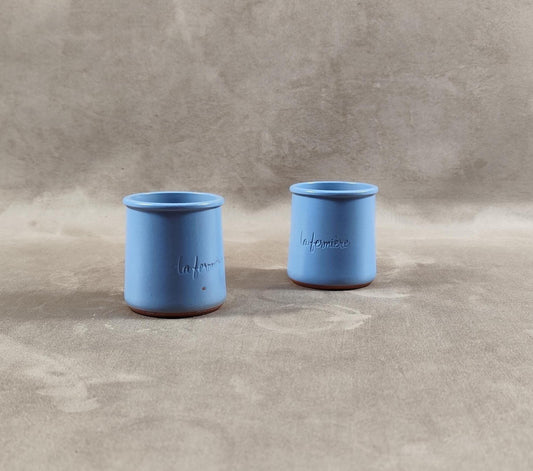 2 pot de yaourt La fermière en terre cuite émaillée bleue made in France vintage 1990