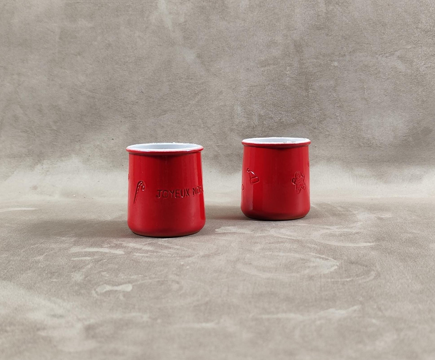 2 pot de yaourt La fermière "Joyeux Noel" en terre cuite émaillée rouge made in France vintage 1990