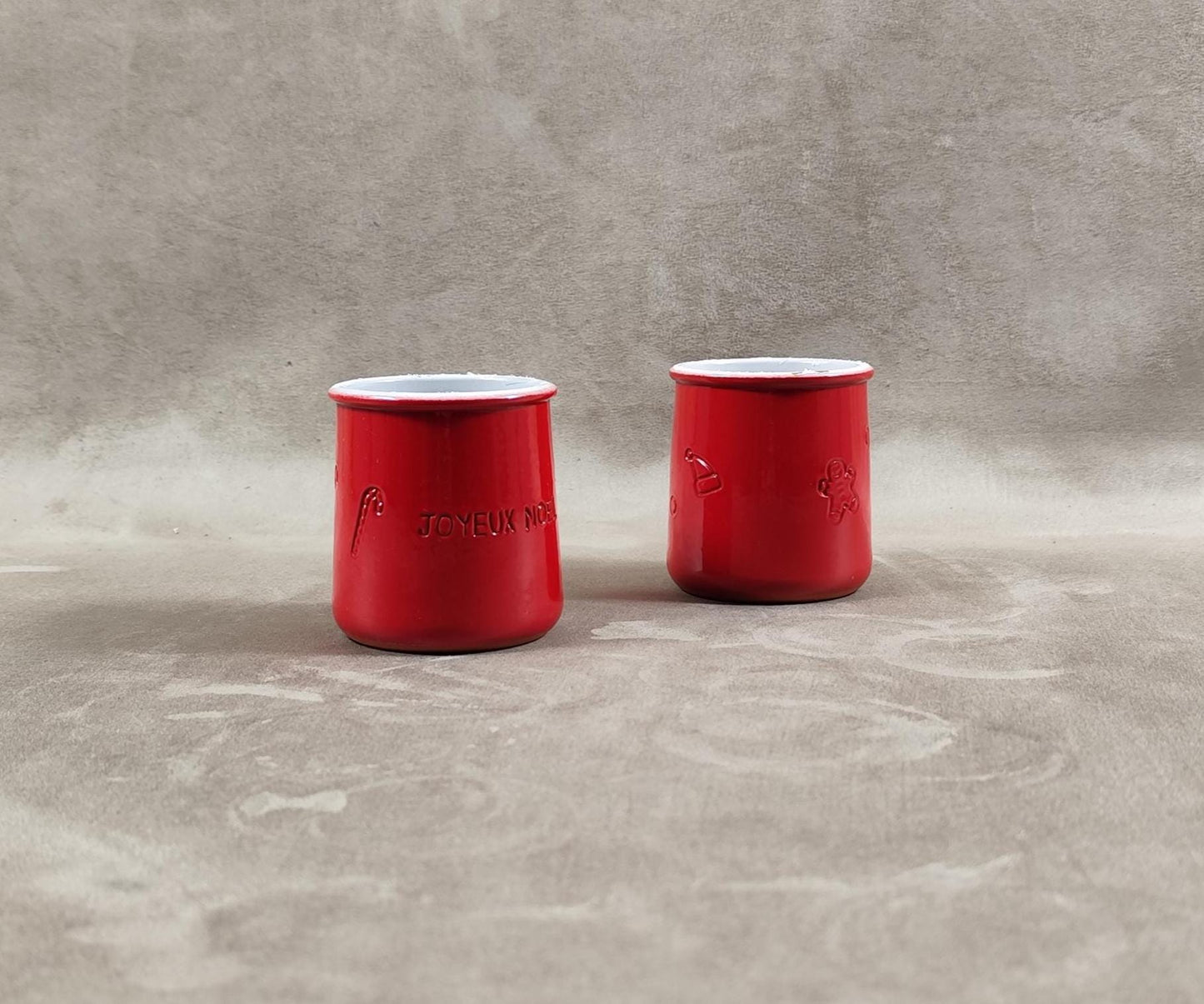 2 pot de yaourt La fermière "Joyeux Noel" en terre cuite émaillée rouge made in France vintage 1990