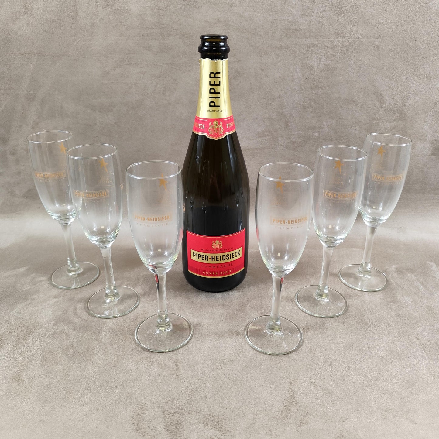 Lot de 6 flûtes à Champagne en verre Piper-Heidsieck Reims cuvée AN 2000 Made in France Vintage