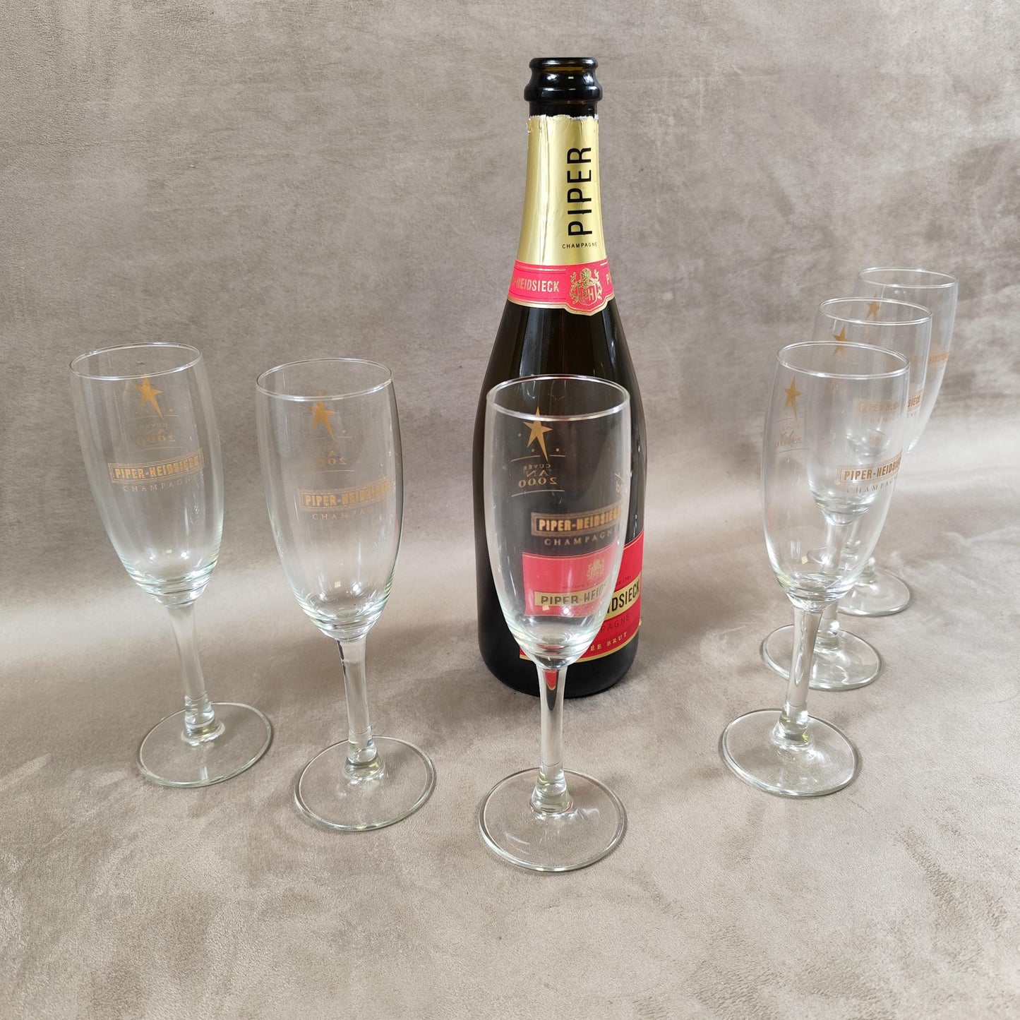 Lot de 6 flûtes à Champagne en verre Piper-Heidsieck Reims cuvée AN 2000 Made in France Vintage
