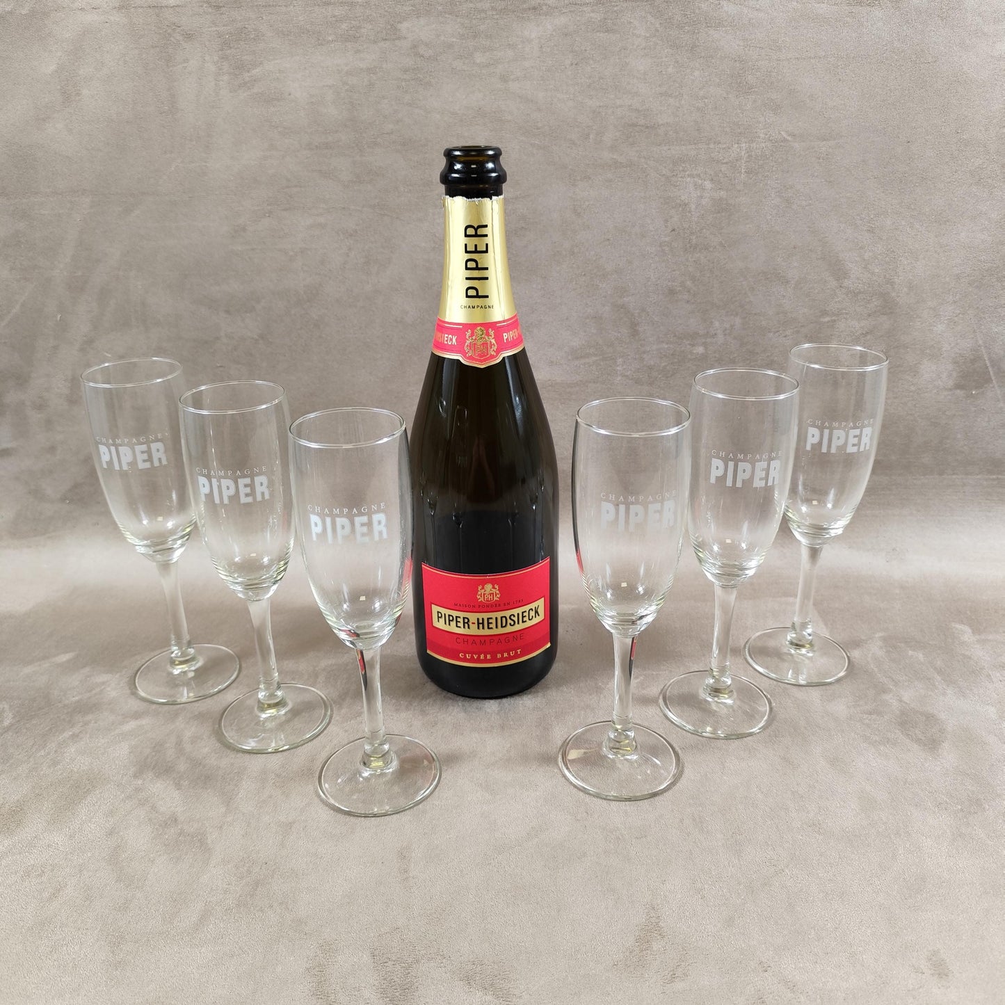 Lot de 6 flûtes à Champagne en verre Piper-Heidsieck Reims Années 1990