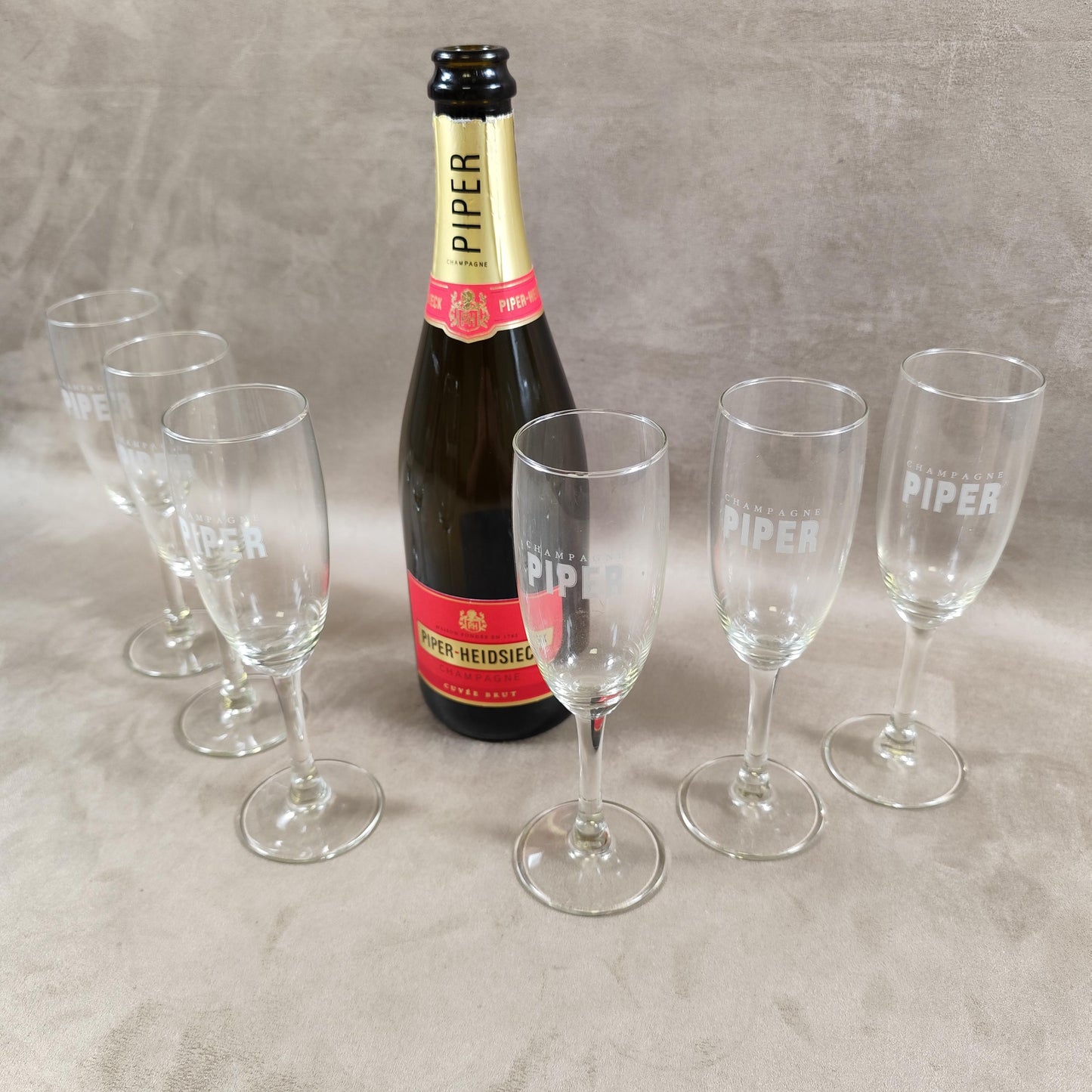 Lot de 6 flûtes à Champagne en verre Piper-Heidsieck Reims Années 1990