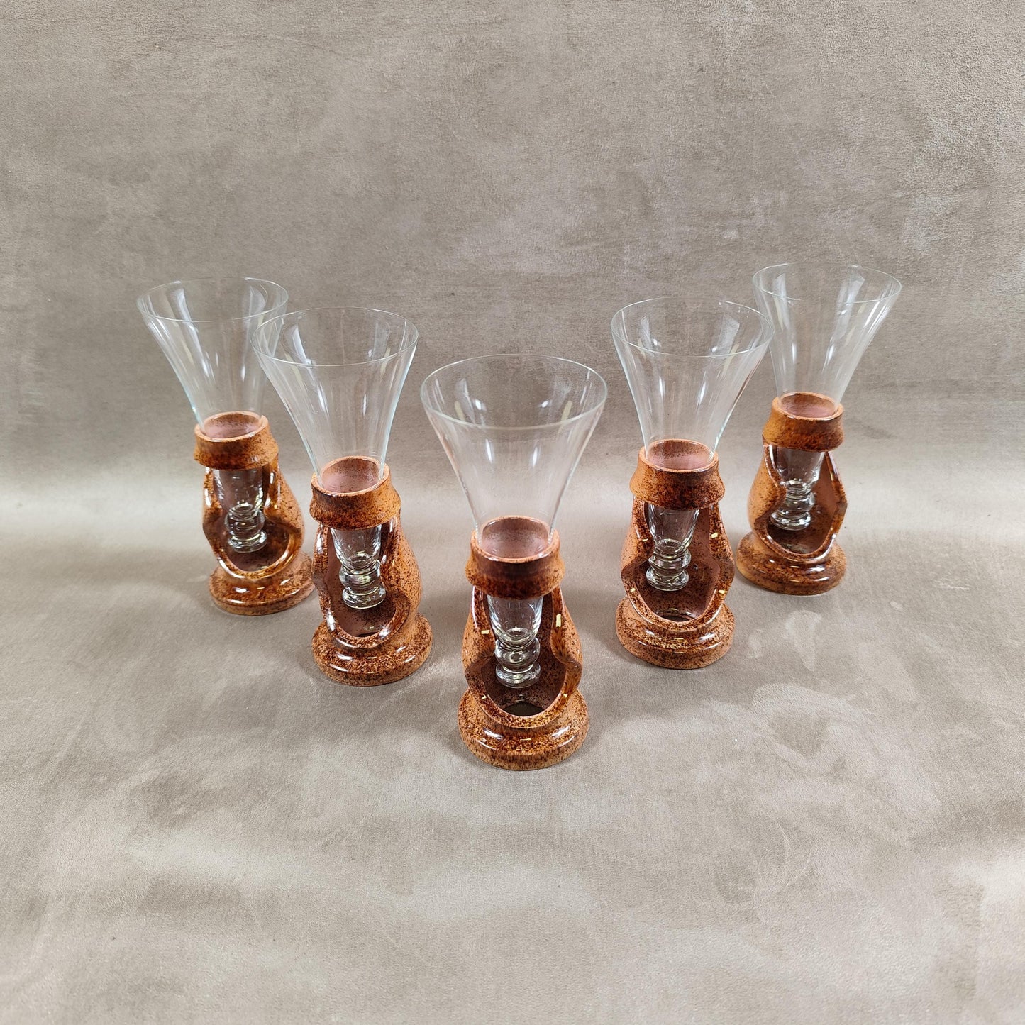 Lot de 5 flutes champagne en grès Francis DUMELIÉ Made in France Vintage 1970