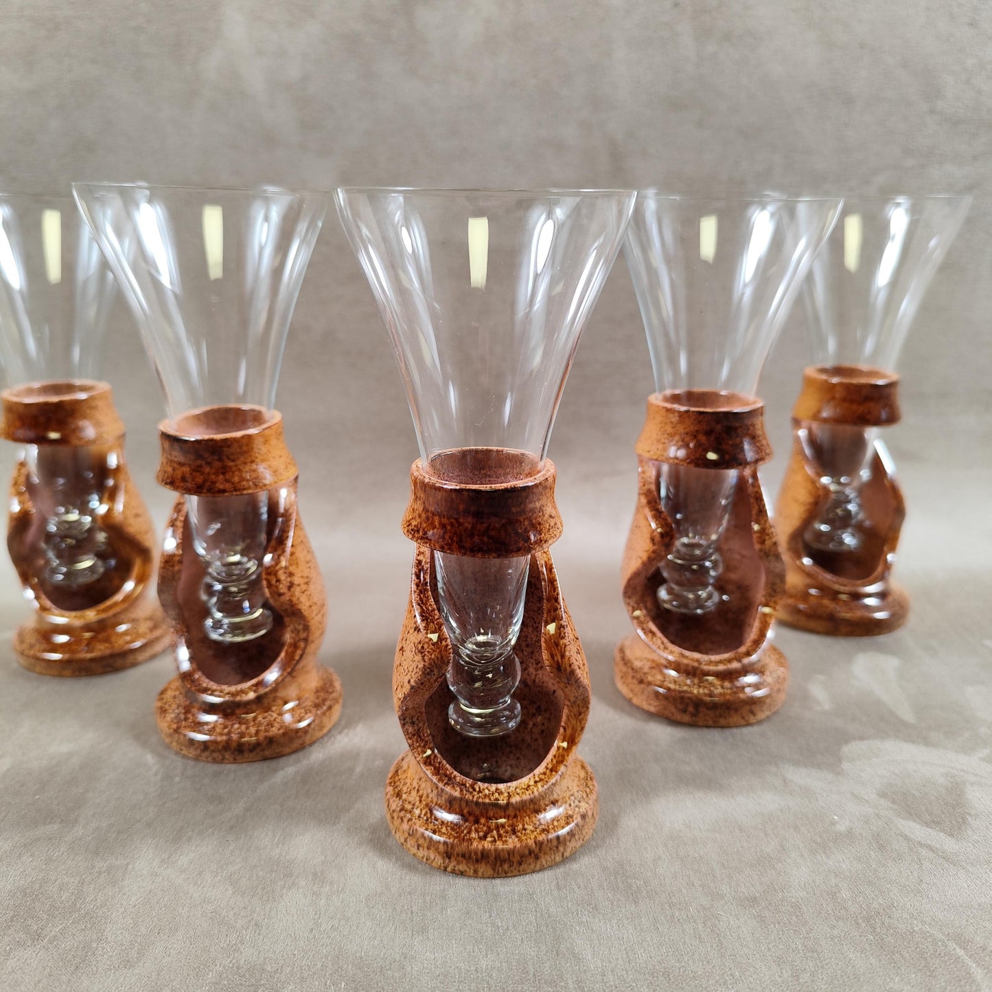 Lot de 5 flutes champagne en grès Francis DUMELIÉ Made in France Vintage 1970