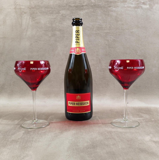 Lot de 2 flûtes piscine en verre rouge Champagne Piper-Heidsieck Made in France Vintage 2000
