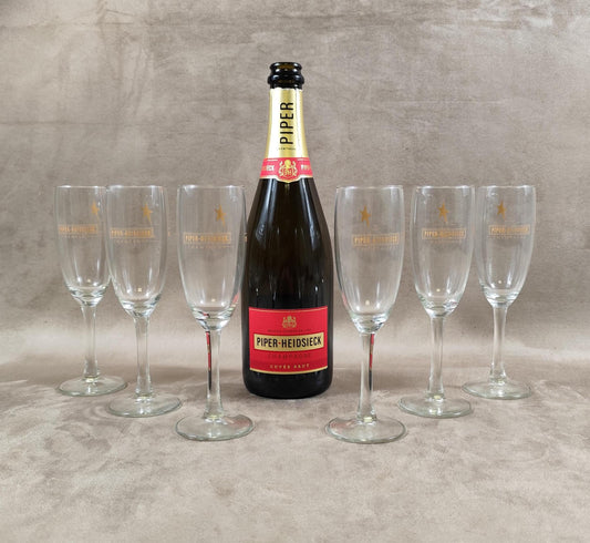 Lot de 6 flûtes à Champagne en verre Piper-Heidsieck Reims cuvée AN 2000 Made in France Vintage