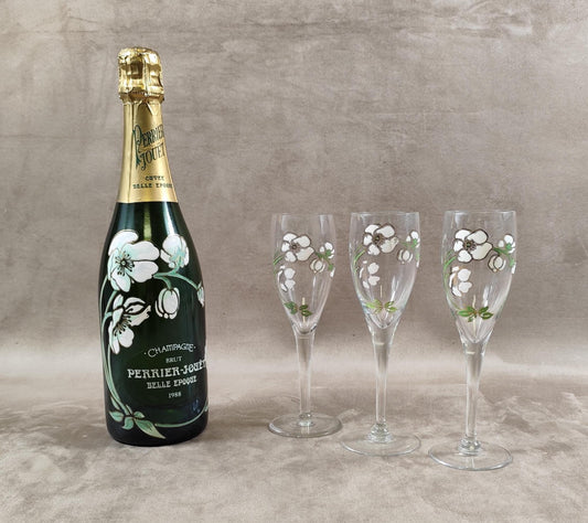 RARE Lot de 3 flutes Champagne Perrier-Jouet en verre Belle Epoque peintes à la main décor anémone par Emile Gallé Vintage 1990