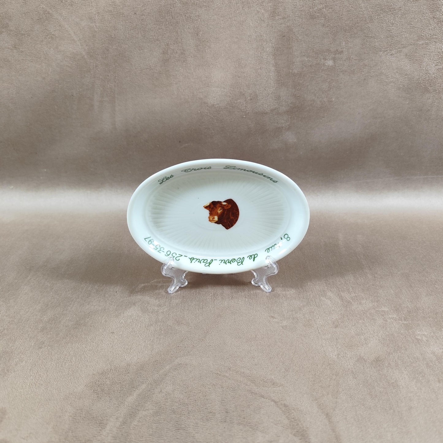 Cendrier Publicitaire Les Trois Limousins Paris en faience par GDA Limoges Made in France Vintage 1970