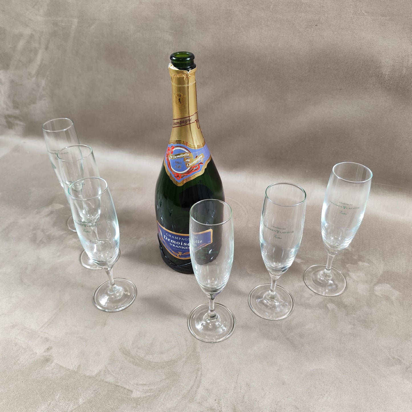 Lot de 6 flutes à champagne Vranken-Lafitte en verre vintage Made in France 1970